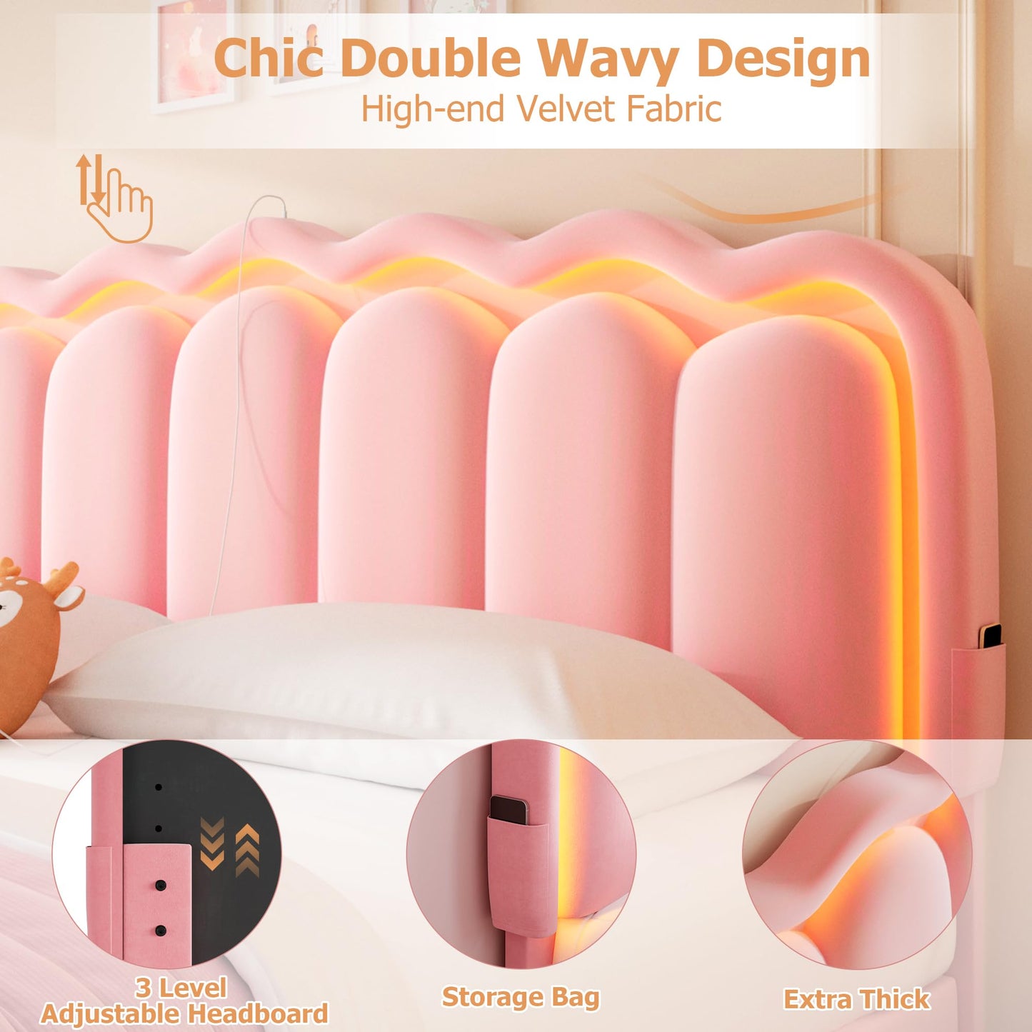 Velvet Upholstered King LED Bed Frame with 2 Storage Drawers and Adjustable Chic Double Wavy Headboard, Princess Platform Bed with Charing Station, Solid Wood Slats Support,No Box Spring Needed,Pink
