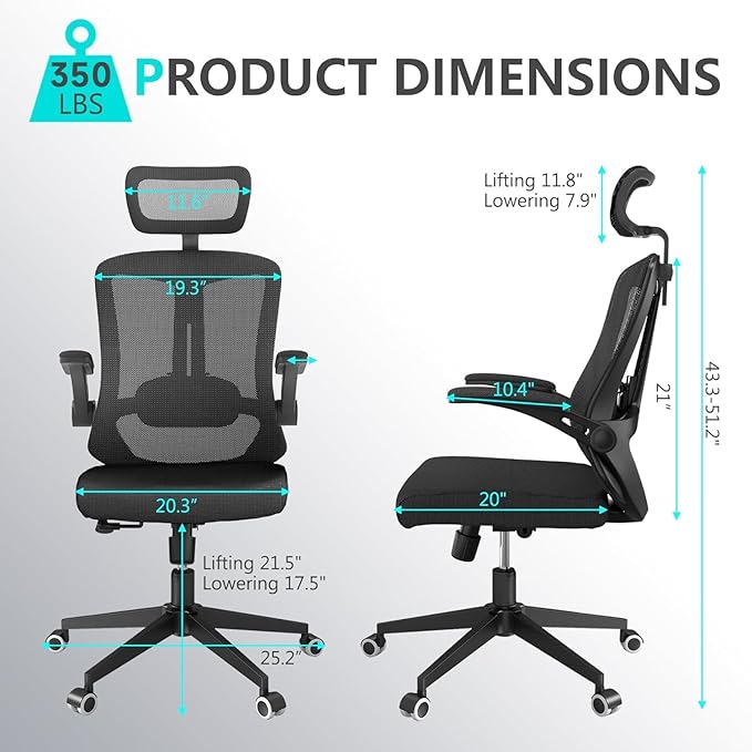 balmstar Office Chair,Ergonomic Comfy Home Desk Chair with 350LBS Capacity,High Back Gaming Chair with Wheels,Mesh Computer Chair,Lumbar Support, Adjustable Headrest,Flip-up Armrest (A-All Black)