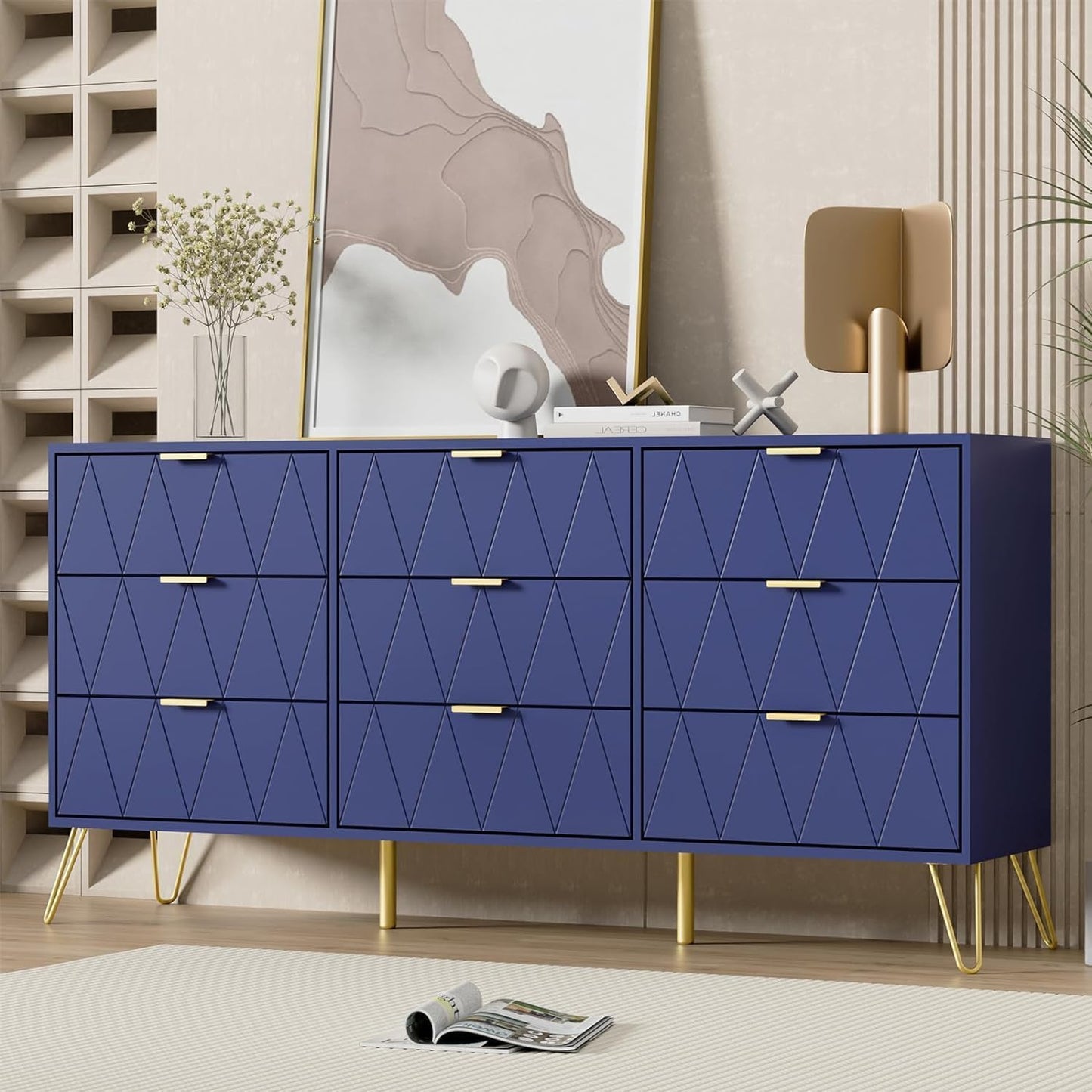 UEV Navy Blue Dresser for Bedroom,Modern 9 Drawer Chest with Gold Accents,Long Storage Dresser for TV Stand & Closet,Large Chest of Drawers for Bedroom