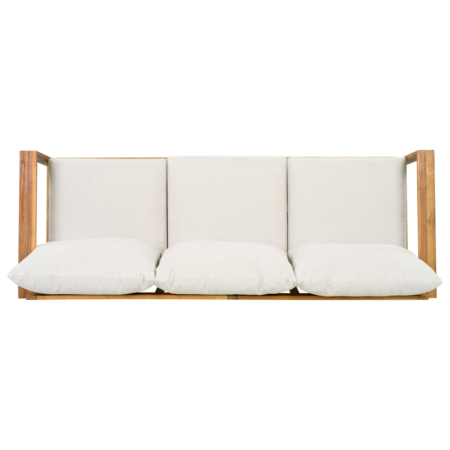Christopher Knight Home Kayahs 3 Pieces Acacia Wood Furniture Set, Patio Conversation Sofa with Coffee Table and Ottoman, Outdoor 3-Seater Sofa Set for Backyard Balcony Gardern, Teak Finish+Beige
