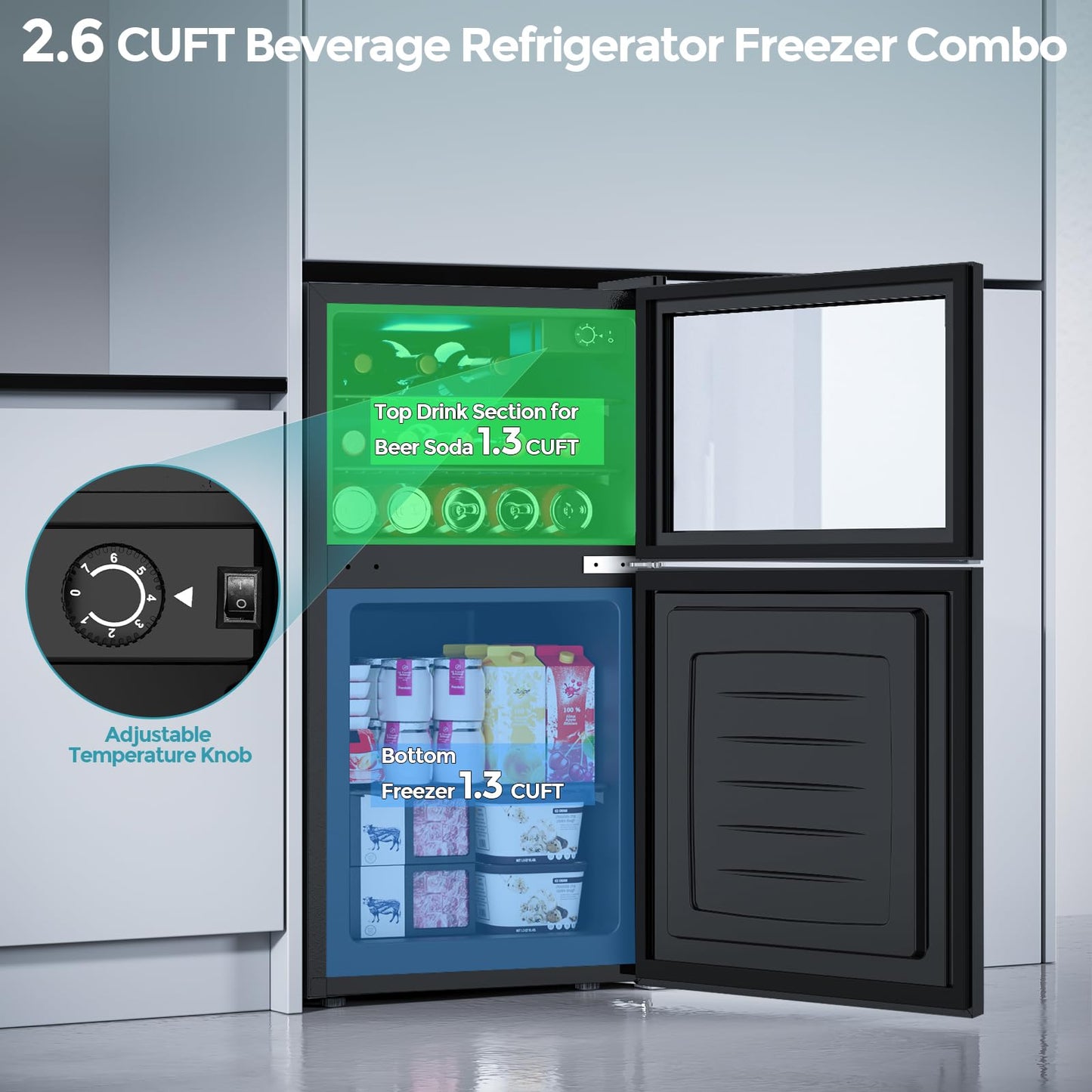 Electactic 2.6 Cu.Ft Mini Fridge with Freezer, 2 Door Compact Refrigerator, Freestanding Beverage Wine Cooler for Bedroom, Office, Home, Reversible Door, Adjustable Thermostat,Black
