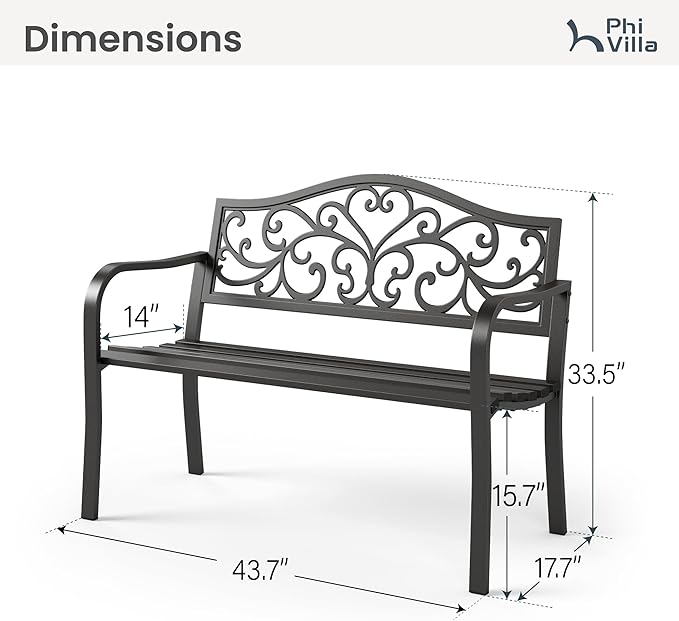 PHI VILLA 43 Inch Cast Iron Steel Frame Outdoor Garden Bench, Patio Furniture Chair Bench w/Floral Design Backrest, Slatted Seat for Park, Yard, Porch - Black
