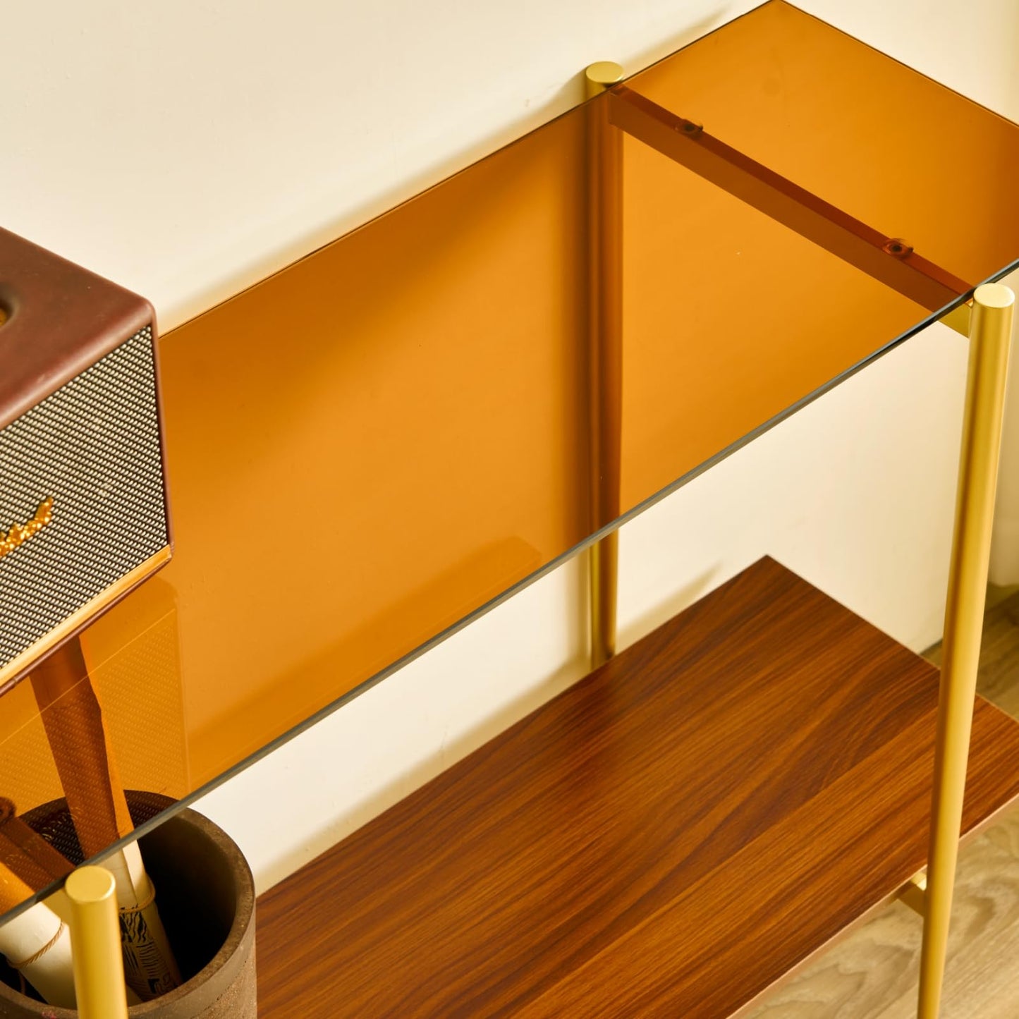 Saint Mossi 2-Tier Brown Console Table for Living Room, Modern Narrow Entryway Table, Glass Sofa Table for Hallway, Foyer, Corridor, Office, Brown Glass Top & Gold Frame, D41×H31xW13