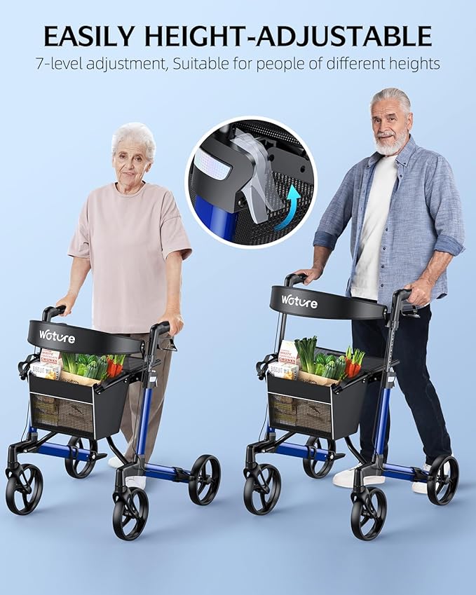 WOTURE Rollator Walker with Seat, Lightweight Rolling Walker, Foldable Rollator Walker for Seniors, 8" Big Wheels for All Terrain, Dual Height Adjustment, Only 16 Ib, Blue