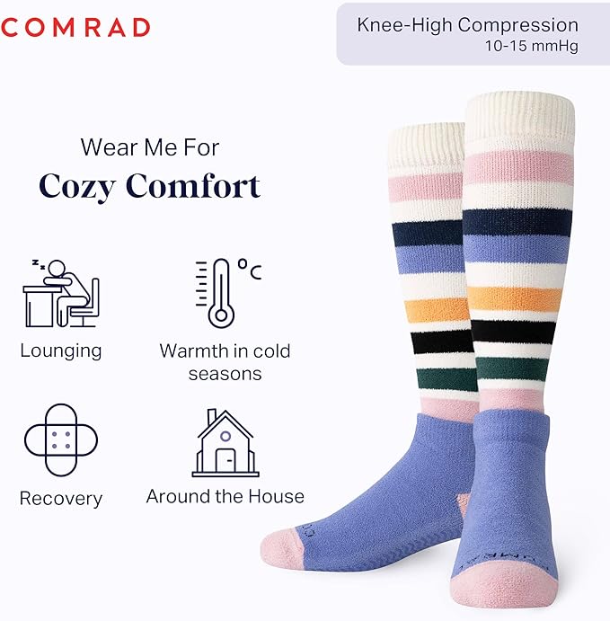 Comrad CozyGrip Slipper Socks - 10-15mmHg Graduated Compression Socks - Dual-Layer Knee High Socks with Anti-Slip Grips