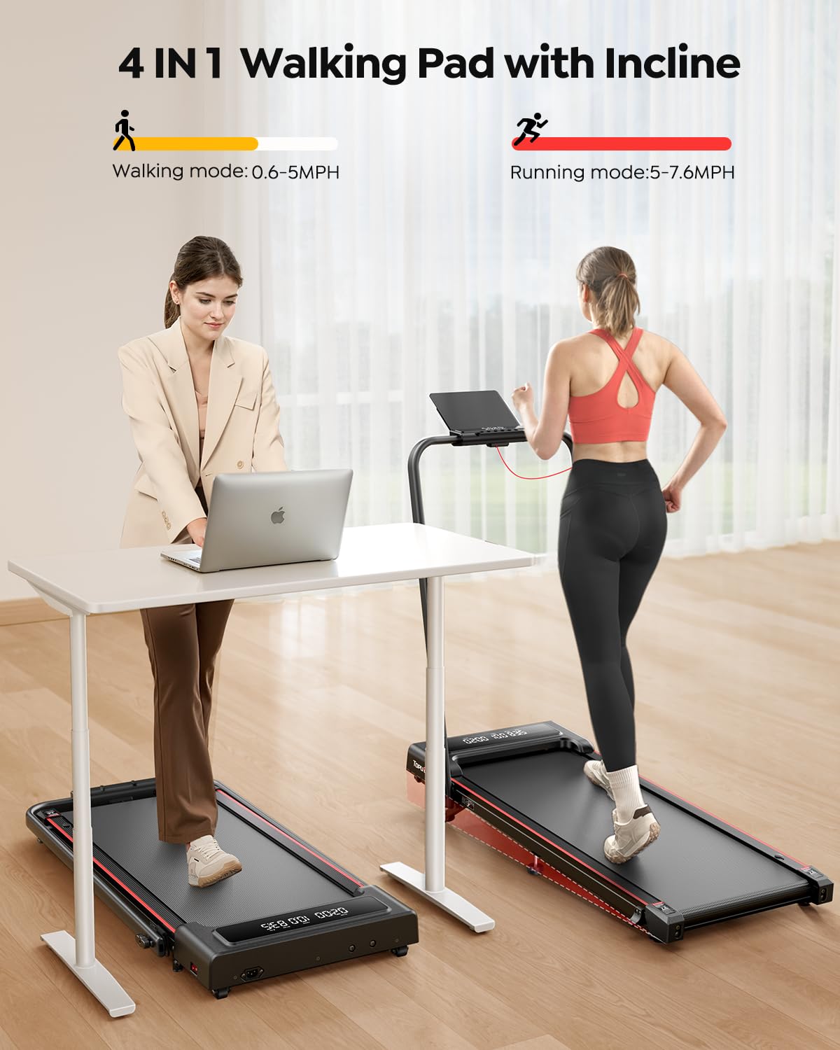 TOPUTURE Walking Pad Treadmill with Incline & Handle, 4 in 1 Under Desk Walking Pad, Foldable Treadmills for Home Office Small Space, Dual Display, Bluetooth App & Remote Control