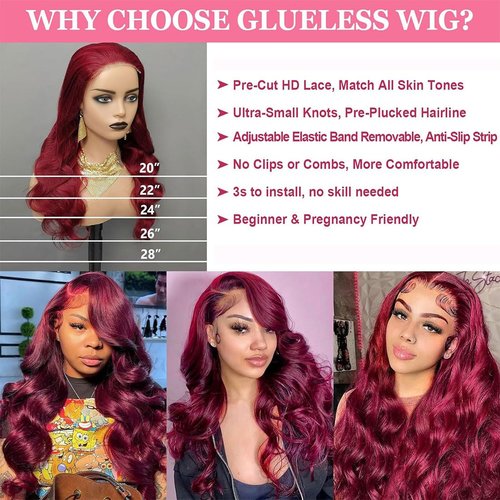 Wear and Go Glueless Wigs Pre Cut Pre Plucked for Beginners Wigs Burgundy 5x5 Lace Closure Wigs Human Hair 99J Burgundy 180% Density Glueless Pre Cut 3 Seconds to Wear 20 Inch