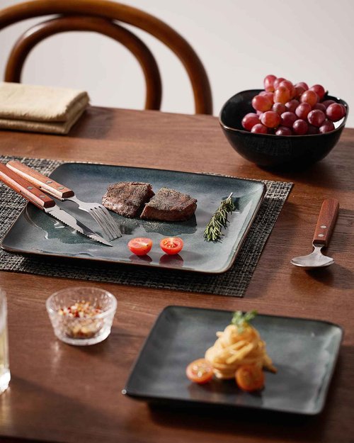 Famiware Dinnerware Sets for 4, Ocean Square 12-Piece Kitchen Plates and Bowls Sets, Reactive Glaze, Microwave and Dishwasher Safe, Scratch Resistant, Deep Forest