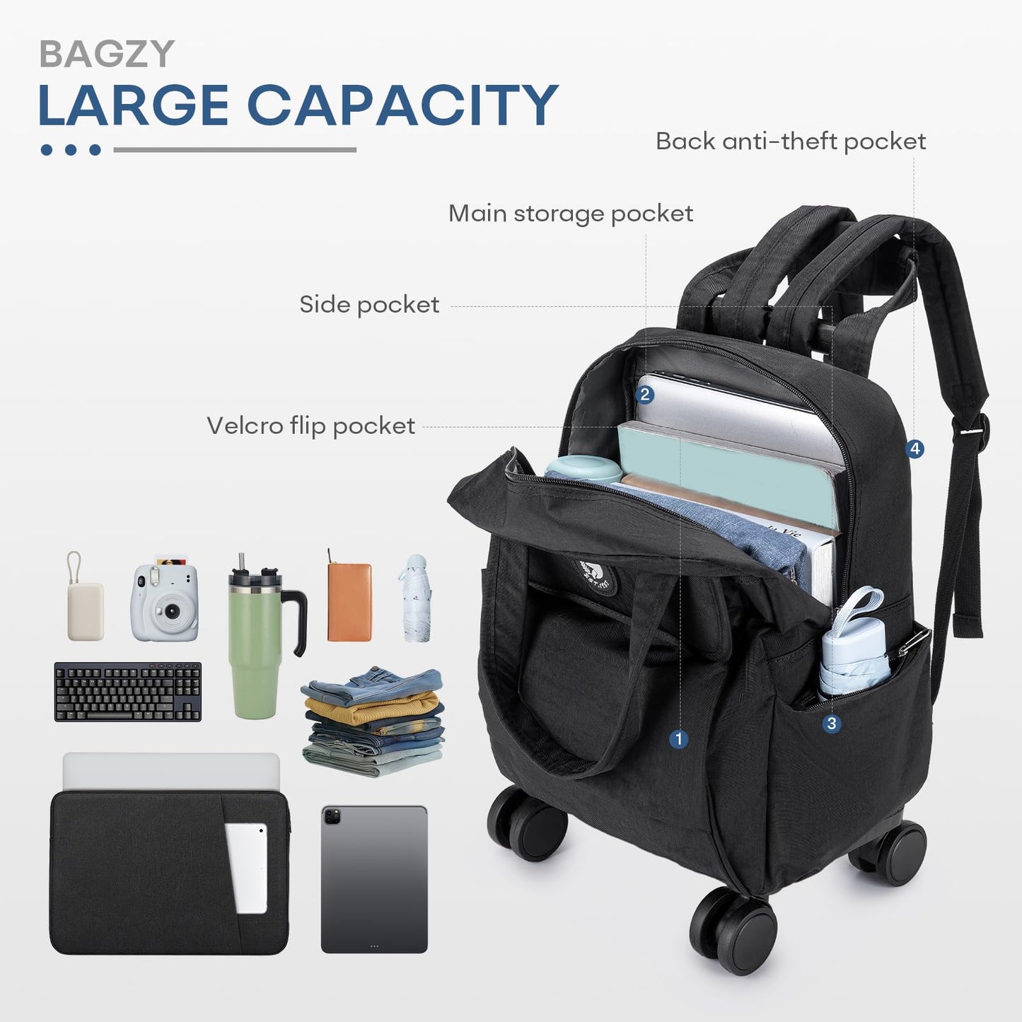 BAGZY 25L Rolling Backpack Waterproof Rolling Teacher Bag with Laptop Compartment Travel Backpack with Wheels Laptop Bag with Wheels Rollings Briefcase for Women Men Black