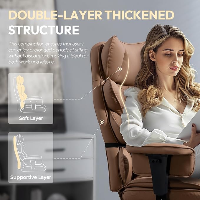 Dowinx Big and Tall Office Chair with Pocket Spring Cushion,High Back Computer Gaming Chairs with Adjustable Armrests,Executive Desk Chairs with Lumbar Support and Footrest,PU Leather-Brown