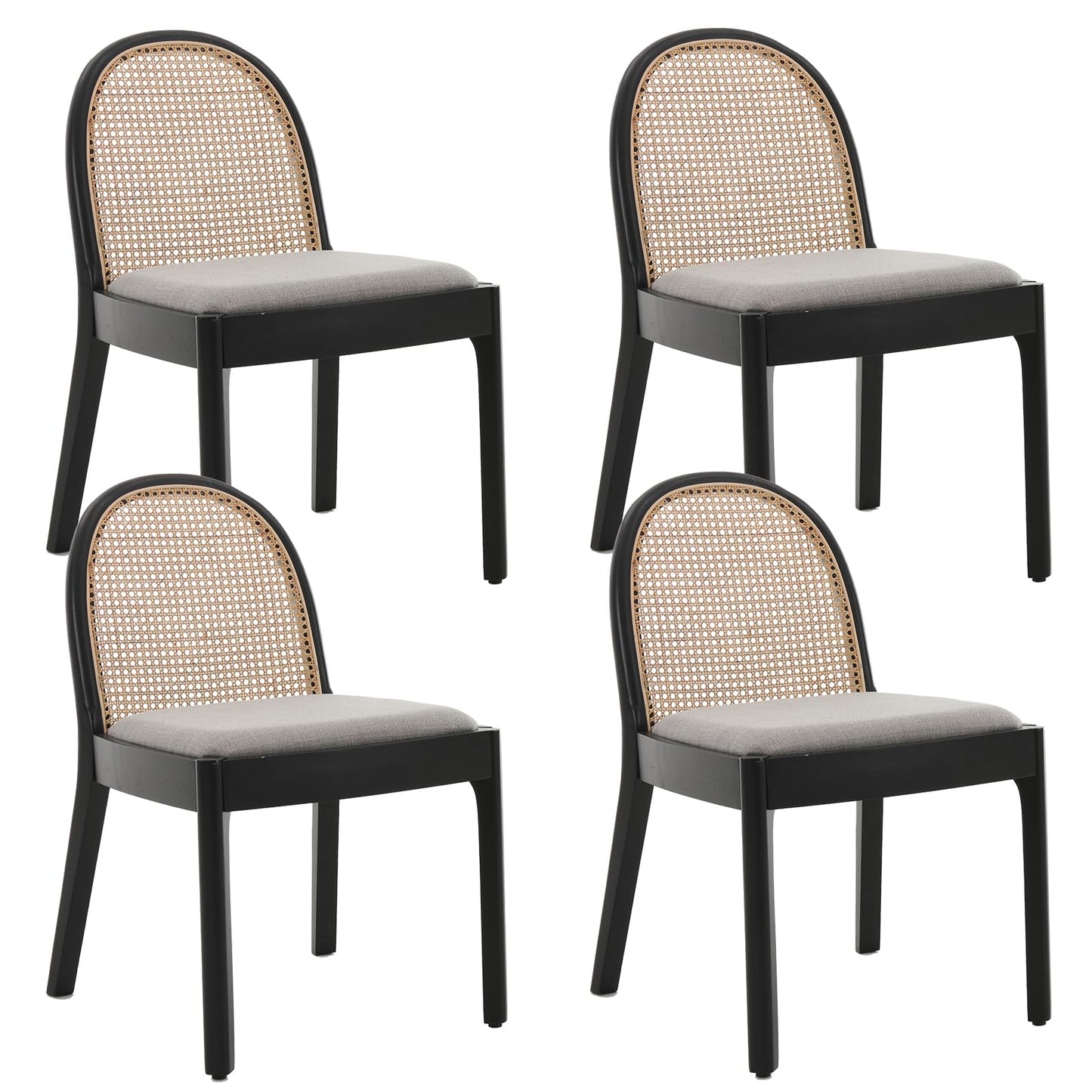 DUOMAY Mid-Century Modern Rattan Dining Chairs Set of 4, Wooden Dining Room Chair with Cane Backrest and Padded Seat, Grey Linen Upholstered Dining Chair, Black Finish