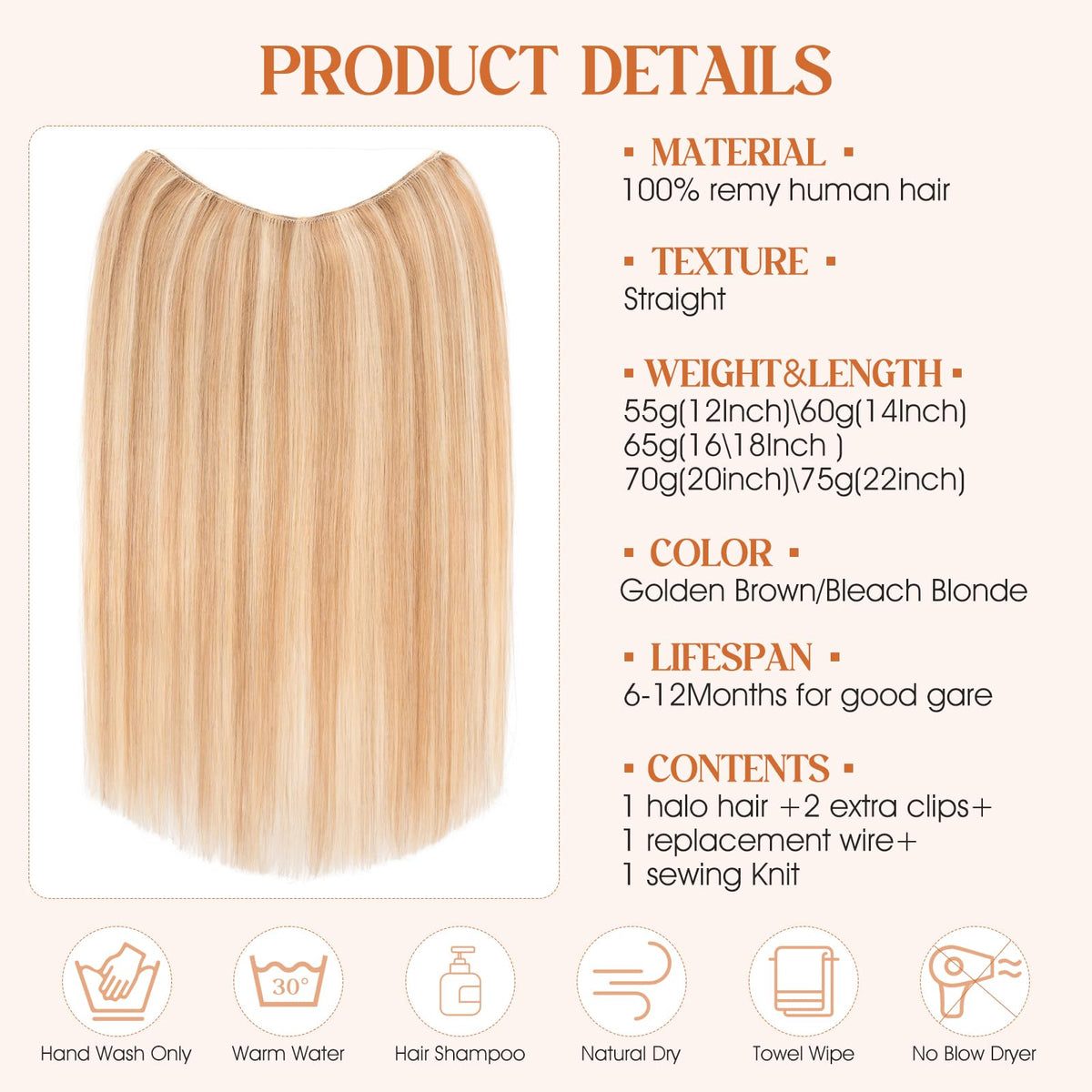 S-noilite Halo Hair Extensions Real Human Hair 12inch Short Straight Halo Hair Extensions for Women Adjustable Golden Brown/Blea