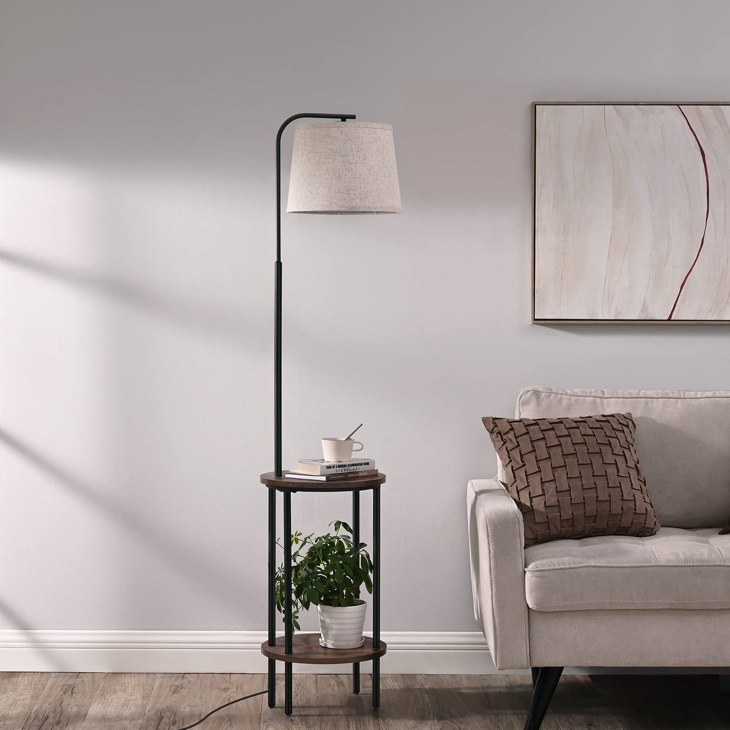 DEWENWILS Floor Lamp with Table Attached, Farmhouse Narrow Nightstand, Wooden End Side Table Floor Lamp, Adjustable Reading Lamp for Bedroom, Living Room, Office, Kids Room