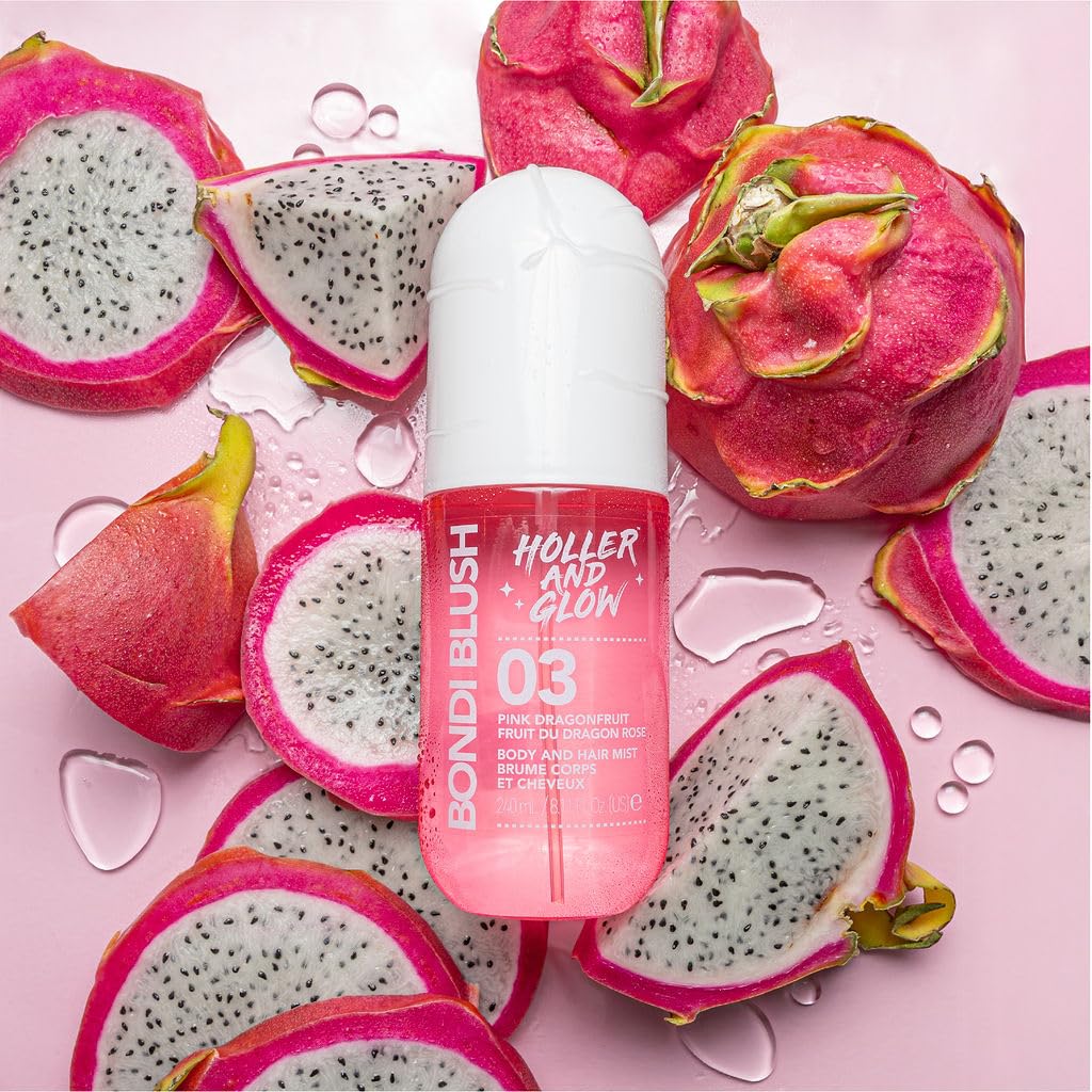 HOLLER AND GLOW Bondi Blush Pink Dragonfruit Body & Hair Mist, Body Spray For Women, Hair Perfume For Women, Jasmine, Amber Scented, Floral & Tropical Fragrance Notes, 8.11 Fl Oz