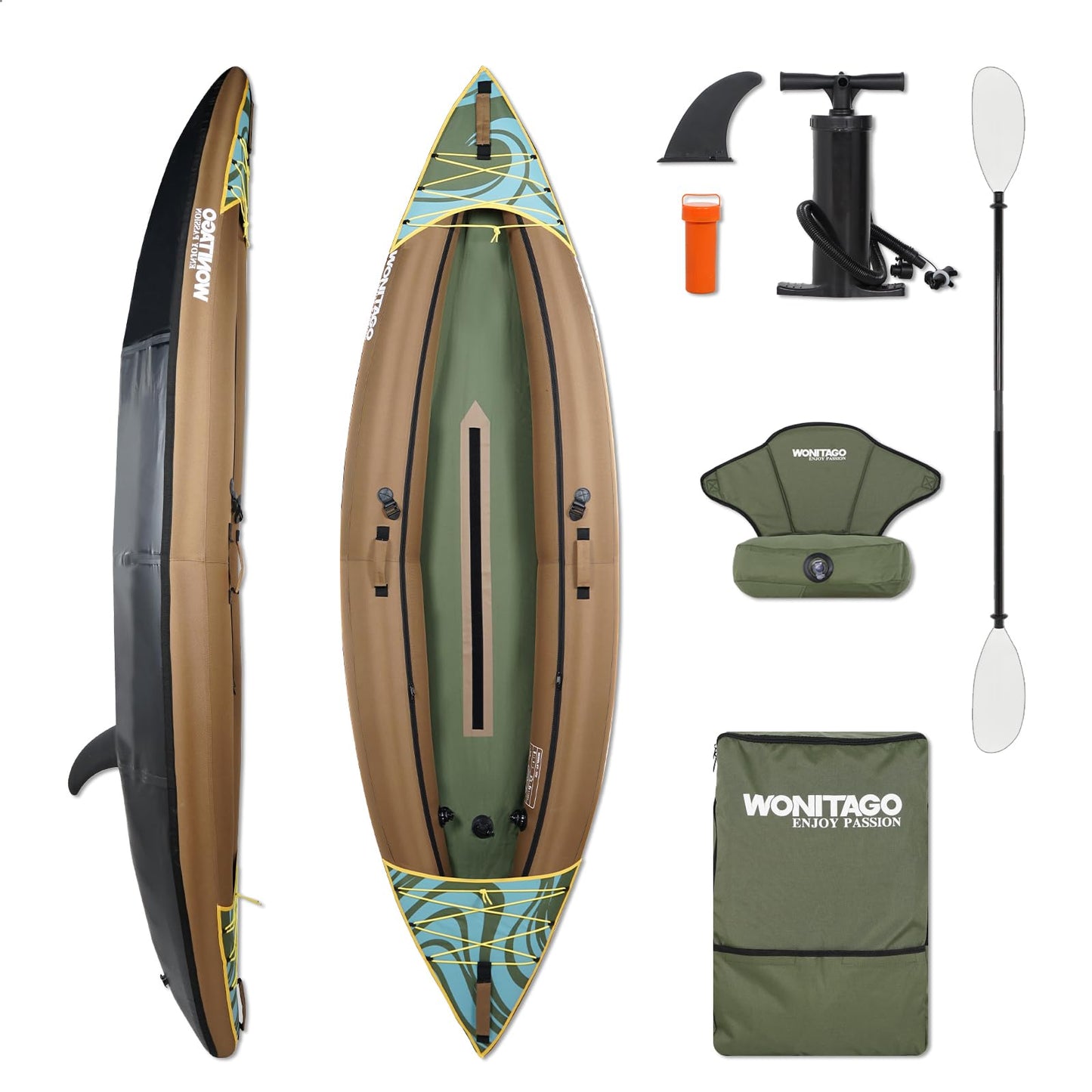 WONITAGO Inflatable Kayak, Recreational Touring Kayak with Adjustable Kayak Paddle, Hand Pump and Carrying Bag, 1 Person, Brown