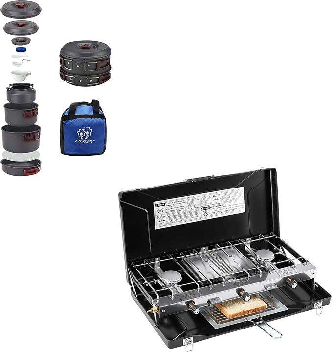 FineFlame Camping Stove 3 Burner 20400 BTU With Bulin 13 PCS Camp Cookware Set