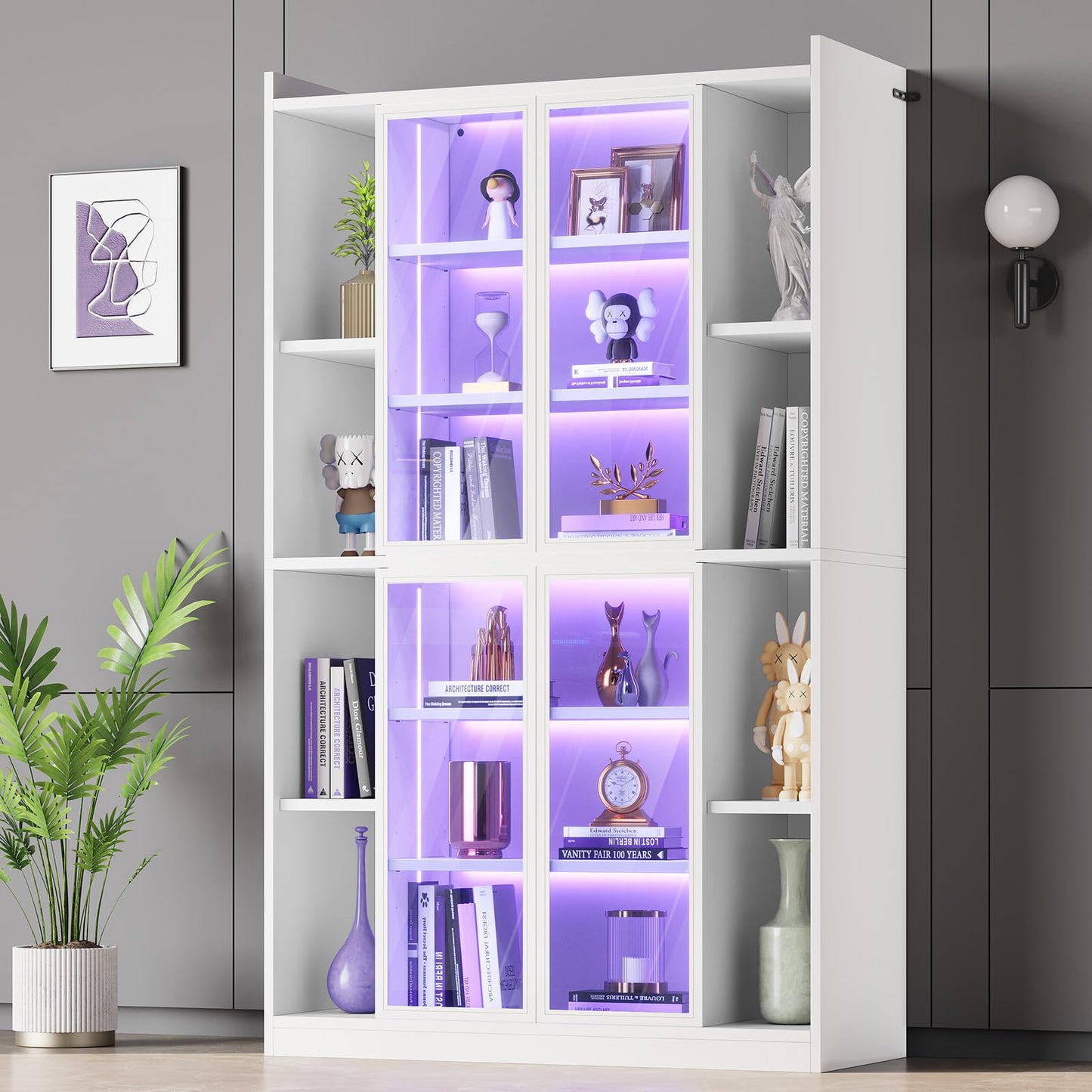 SEDETA Display Cabinet with Glass Doors, 6 Tier Curio Cabinet with LED Lights, Tall Bookcase with Adjustable Shelves, 64" Display Cases for Collectibles, Bedroom, Living Room, Office, White