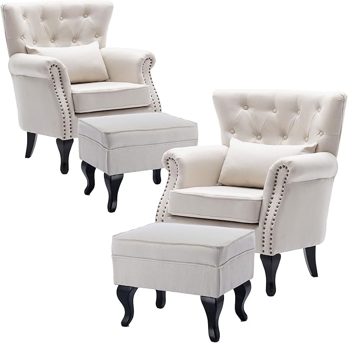 DM Furniture Set of 2 Mid-Century Modern Accent Chair with Ottomans, Linen Fabric Armchair w/Tufted Back/Wood Legs, Upholstered Lounge Arm Chair Single Sofa for Living Room Bedroom, Beige