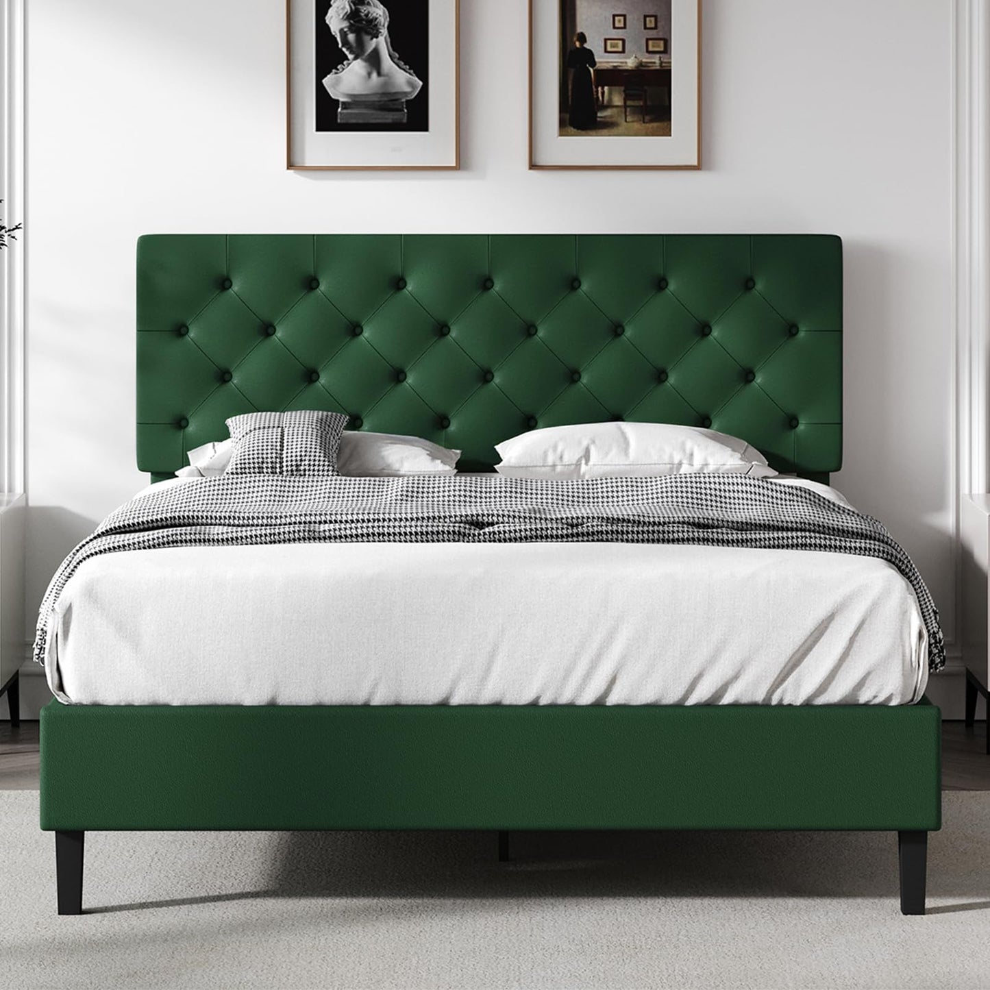 REVOMINCA Upholstered Full Size Bed Frame with Headboard, Green Bed Frame, Platform Bed with Button Tufted Desigh, No Box Spring Required, Easy Assembly, Green