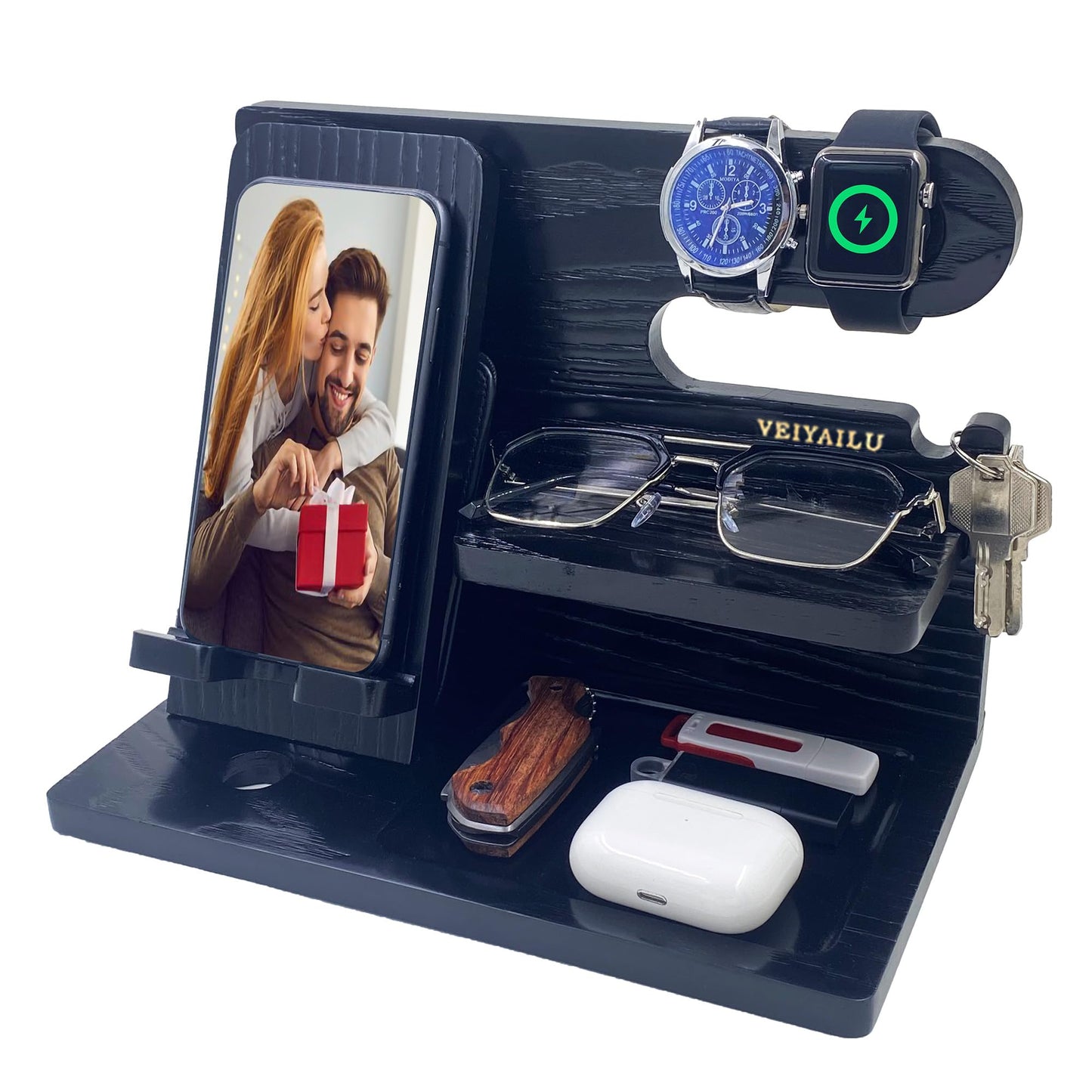 VEIYAILU Gifts for Dad Men Mom Women from Daughter Son Birthday Gifts Nightstand Organizer Mens Wood Phone Docking Station (Black)