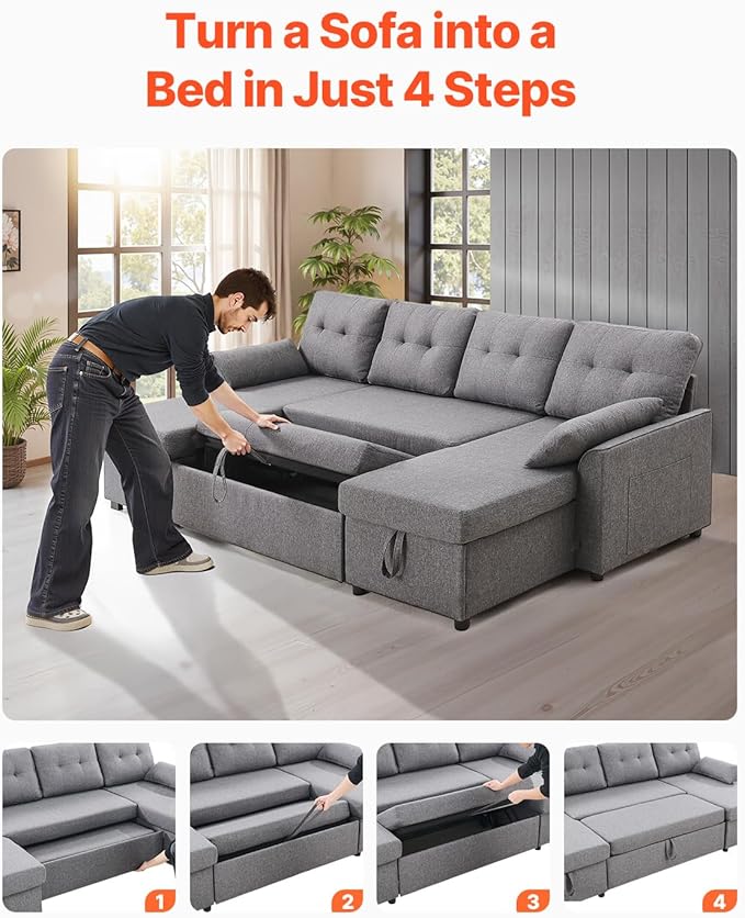 VEVOR U Shaped Sofa Bed, Convertible Sofa Bed with 2 Side Pockets, 2 Pillows and Double Chaise, 6-Seat Pull Out Sleeper Couch with Large Storage Capacity for Living Room, Apartment, Metal Frame, Gray