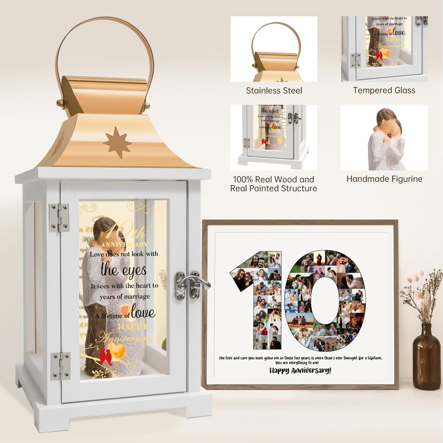 10th Anniversary Wedding Gifts for Couple Wife Women Her Husband 10th Wedding Anniversary Lantern Tin 10 Years of Marriage Gifts for Couple Wife Her
