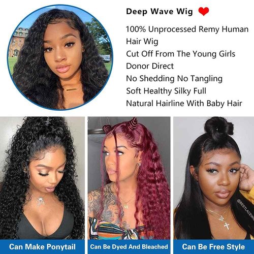Josblue Deep Wave Lace Front Wigs Human Hair 4x4 Transparent Lace Closure Wigs 180% Density Human Wigs for Black Women Pre Plucked with Baby Hair 26 Inch