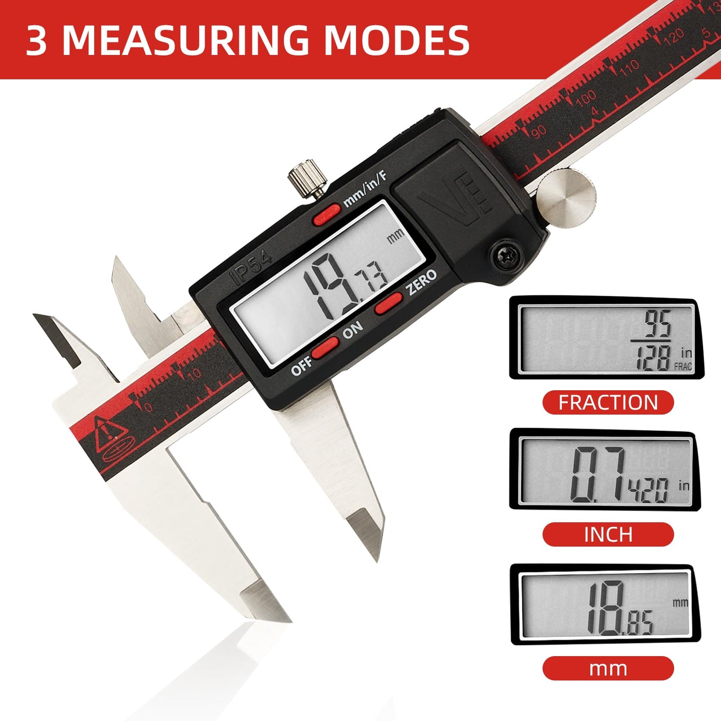 VINCA IP54 Grade Digital Caliper, DCLA-0605 6 Inch/150mm, Inch/Millimeter/Fraction Conversion, Stainless Steel, Large LCD Screen