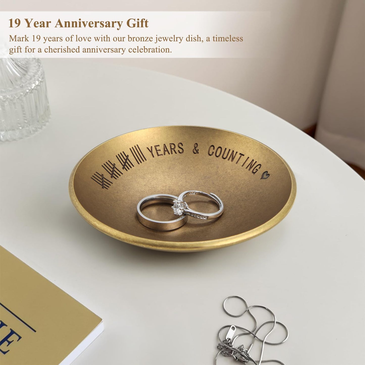 Urllinz Bronze Gifts for 19th Anniversary Jewelry Tray - Bronze Ring Holder Dish & Card & Box, 19 Year Wedding Gifts for Him Wife Her Couple, 4"
