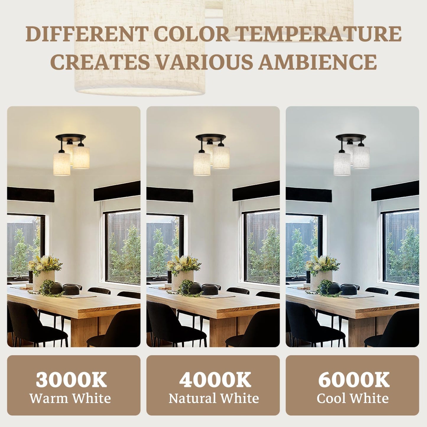 Scyvenra Semi Flush Mount Ceiling Light, 3-Light Close to Ceiling Light Fixtures, Matte Black Kitchen Light Fixtures with Linen Fabric Shade, Hallway Light Fixtures Ceiling Mount for Foyer Entryway