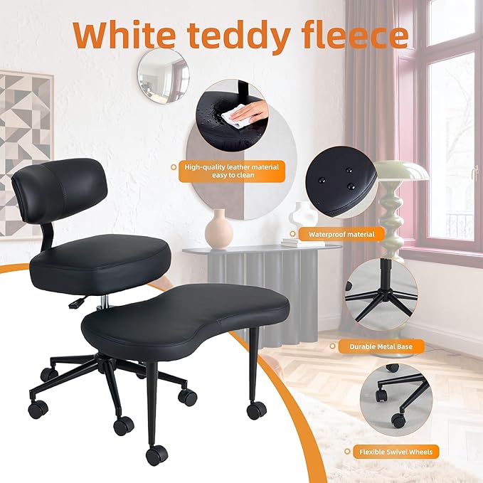 DUMOS Ergonomic ADHD Cross Legged Office Desk Chair with Adjustable Backrest, Height Adjustbale Meditation Chair with 360° Swivel Footstool, PU Leather Yoga Stool for Home Office, Black