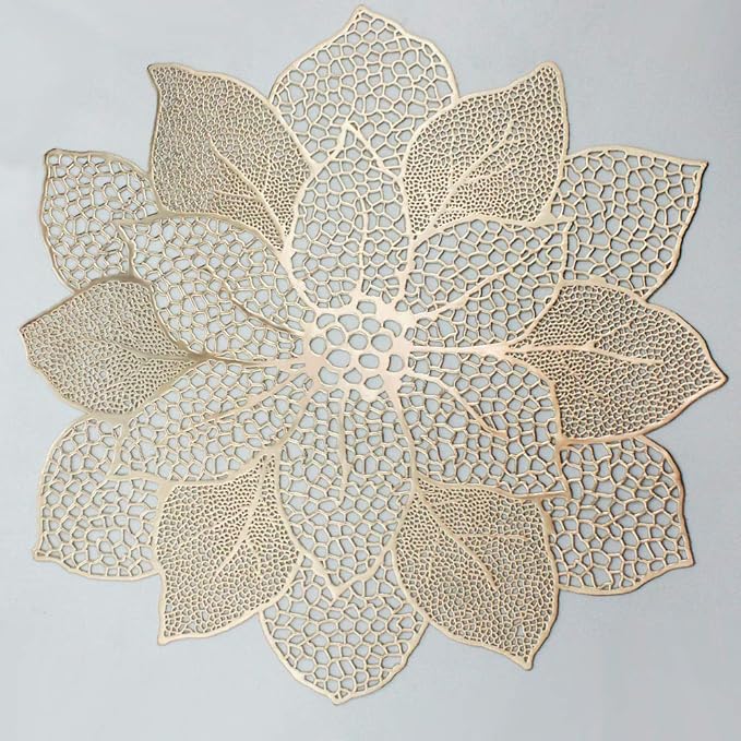 Gold Round Placemats for Dining Table Set of 6 Pressed Vinyl Metallic Table Mats Hollow Out Hibiscus Flower Place Mats for...