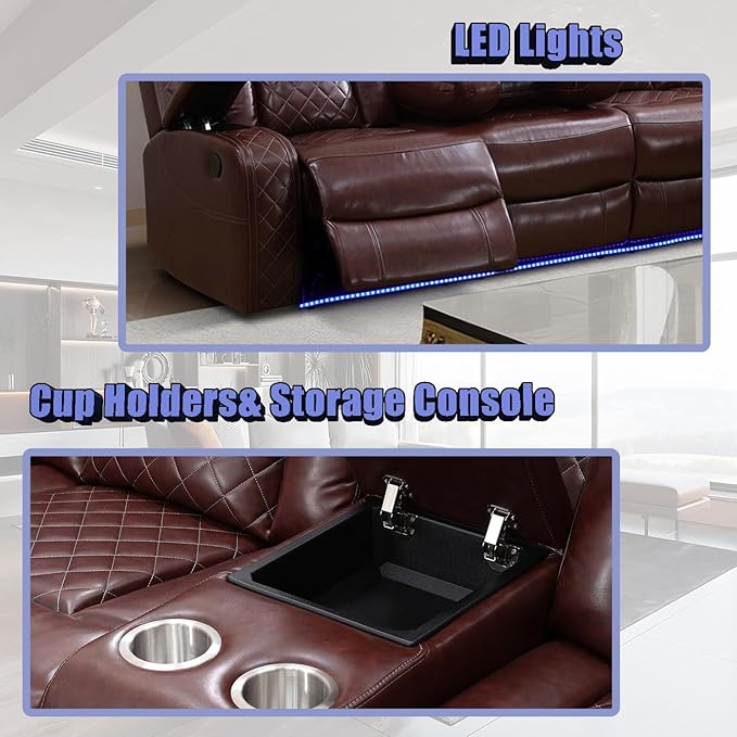 Dekmxas Power Sectional Reclining Sofa Set, Brown Breathing Leather Power Recliner Sofa Set with LED Light, Living Room Furniture with 3 Recliner Seats/Cup Holder/Storage Console for Living Room