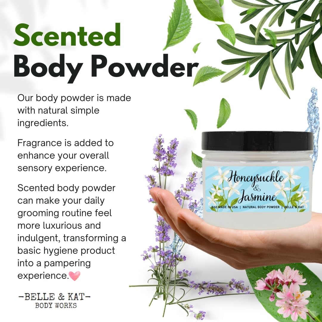 Honeysuckle Jasmine Scented Body Powder for Men & Women, Bath Perfume Dusting Powder with Fragrance & Essential Oils, Talc Free 8oz Container, Made in USA