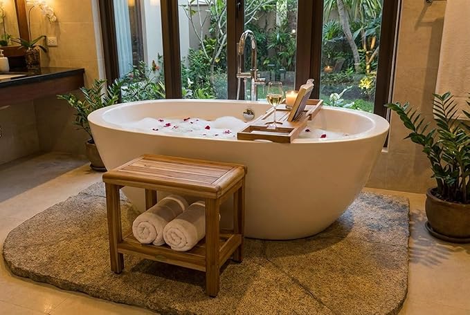 EcoDecors Eleganto 18 Inch Natural Color Waterproof Teak Wood Shower Bench Stool Seat Chair For Inside Shower Provides Safety, Storage, and Organization For Bathroom Accessories
