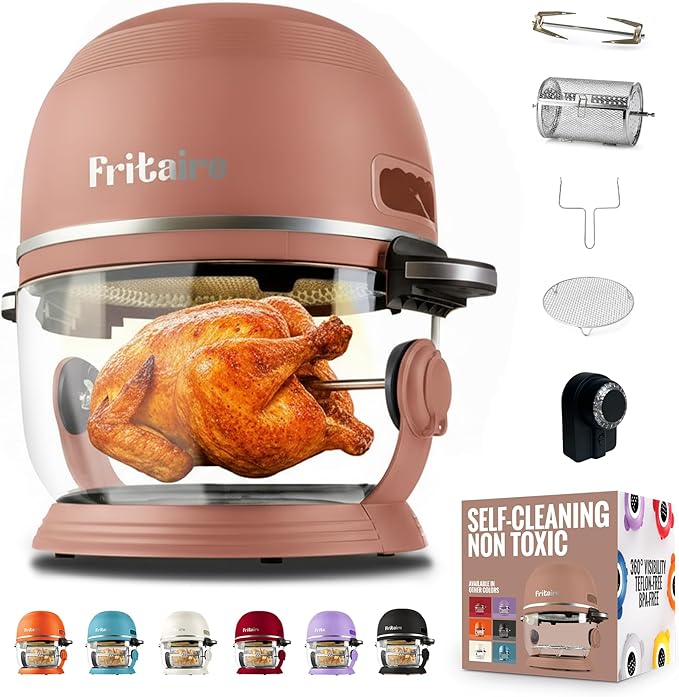 Non Toxic Air Fryer™ 9-in-1 Functions - Glass AirFryer 5 Quart w/ 360 Visibility, Self-Cleaning, 400F Vortex Air Fryer for Even Cooking, BPA-Free Teflon Free, Rotisserie, Roast, Bake, Mauve Rose