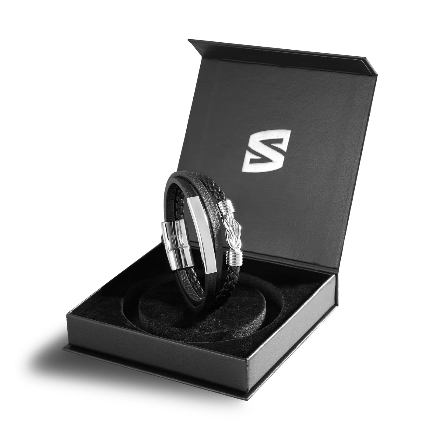 SERASAR Mens Silver Bracelets 23cm Bracelet Men Gift Box Genuine Leather Cowhide Braided Magnetic Clasp Multi Layer Wrap Rope Ma