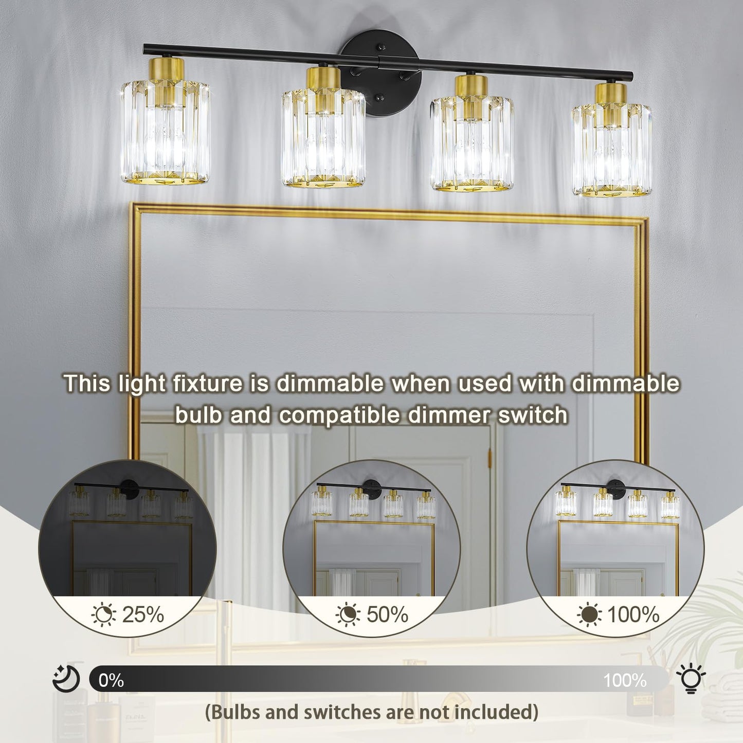 Kvhiiw Crystal Bathroom Light Fixtures, Bathroom Lighting Fixtures Over Mirror, Modern Black Gold 4-Light Vanity Lights for Mirror, Restroom, Bedroom (Ceramic E26 Socket,Bulbs Not Include)