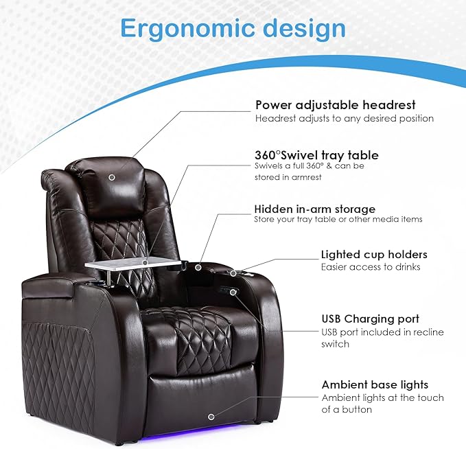 Weilianda Home Theater Seating Top Grain Leather Zero Gravity Recliner Chair Power Headrest Recline Movie Seat Gaming 7 Colors Mood Light Sofa with Tray Table USB Charge Row of 5 Loveseat Right Brown