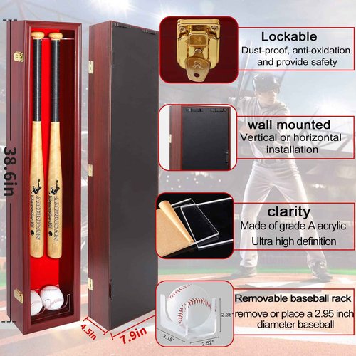 NRZSSN 2 Baseball Bat Display Case Wall Mount - Vertical/Horizontal Cherry Wood Frame w/ 98% UV Protection & Lock | Acrylic Door Shadow Box for 2 Bats