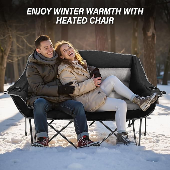 LANMOUNTAIN Heated Double Camping Chairs,3 Heat Levels Padded Portable Loveseat w/Wine Glass Holder,Cup Holder,Heating Outdoor Camp Couch Support 600 Lbs,Black,Battery NOT Included