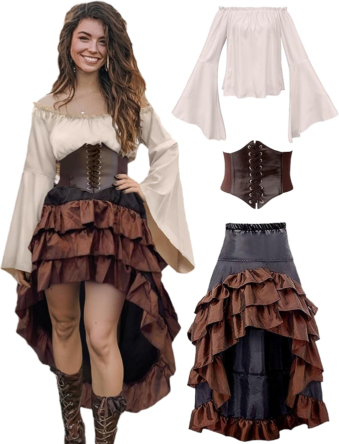 Verceco Pirate Costume Women Outfit with Renaissance Pirate Shirt Skirt Corset Waist Belt Womens Halloween Pirate Costumes...