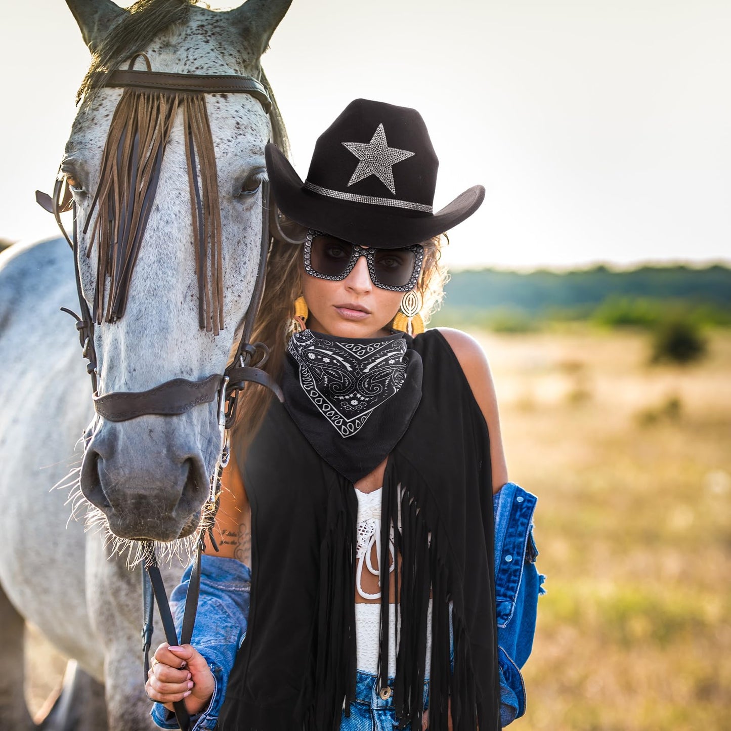 Tiamon Western Costume Accessories for Women Cowgirl Tassels Fringe Vest Cowboy Hat Rhinestone Earrings Glasses Paisley Bandana 70s Hippie Outfits(Black)