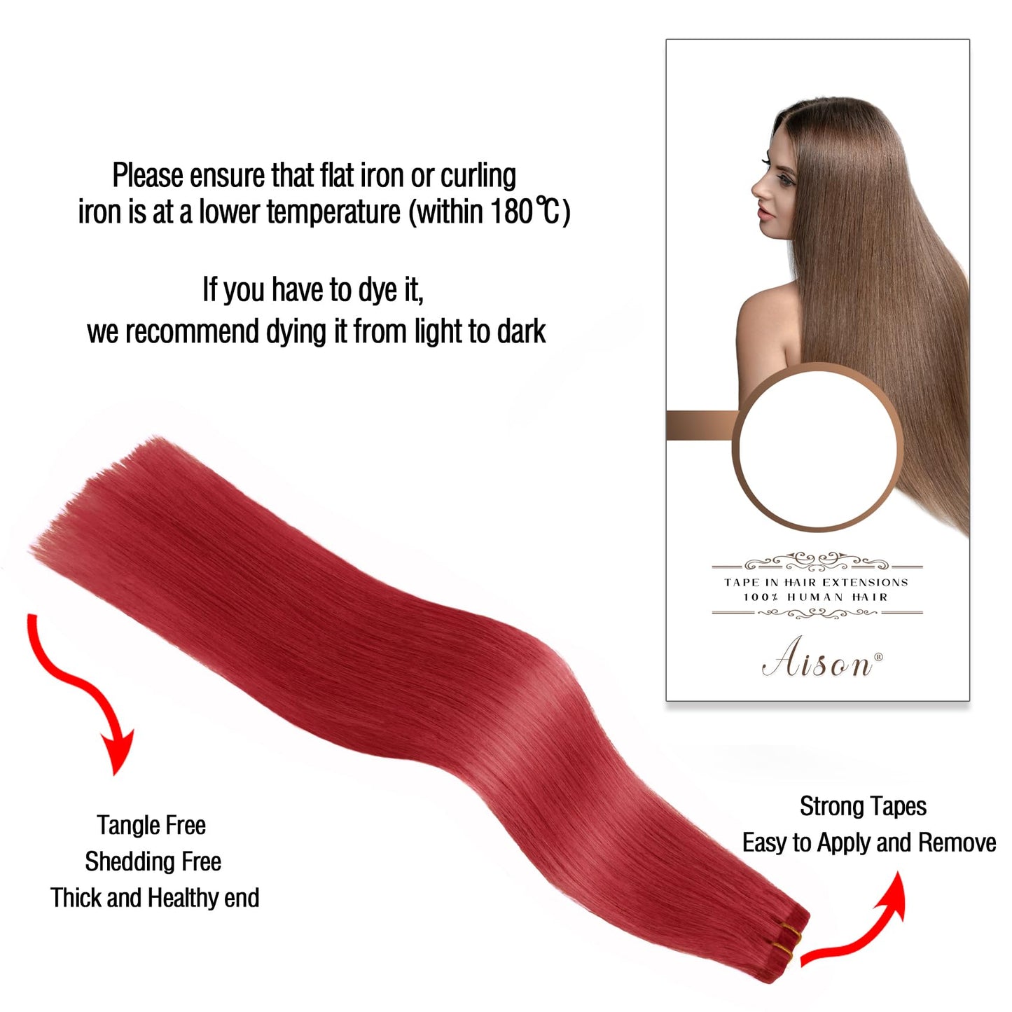 Red Tape in Hair Extensions Human Hair100% Remy Human Hair Extensions Silky Straight for Women 20 Pcs/Package 22 Inch 60G