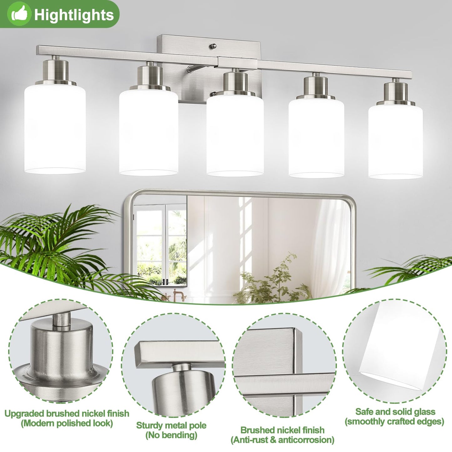 5-Light Brushed Nickel Bathroom Vanity Light with Milky White Frosted Glass Shades, Modern Bathroom Light Fixtures, Up/Down Reversible Lighting for Mirror, Bedroom, Kitchen, Living Room, Hallway