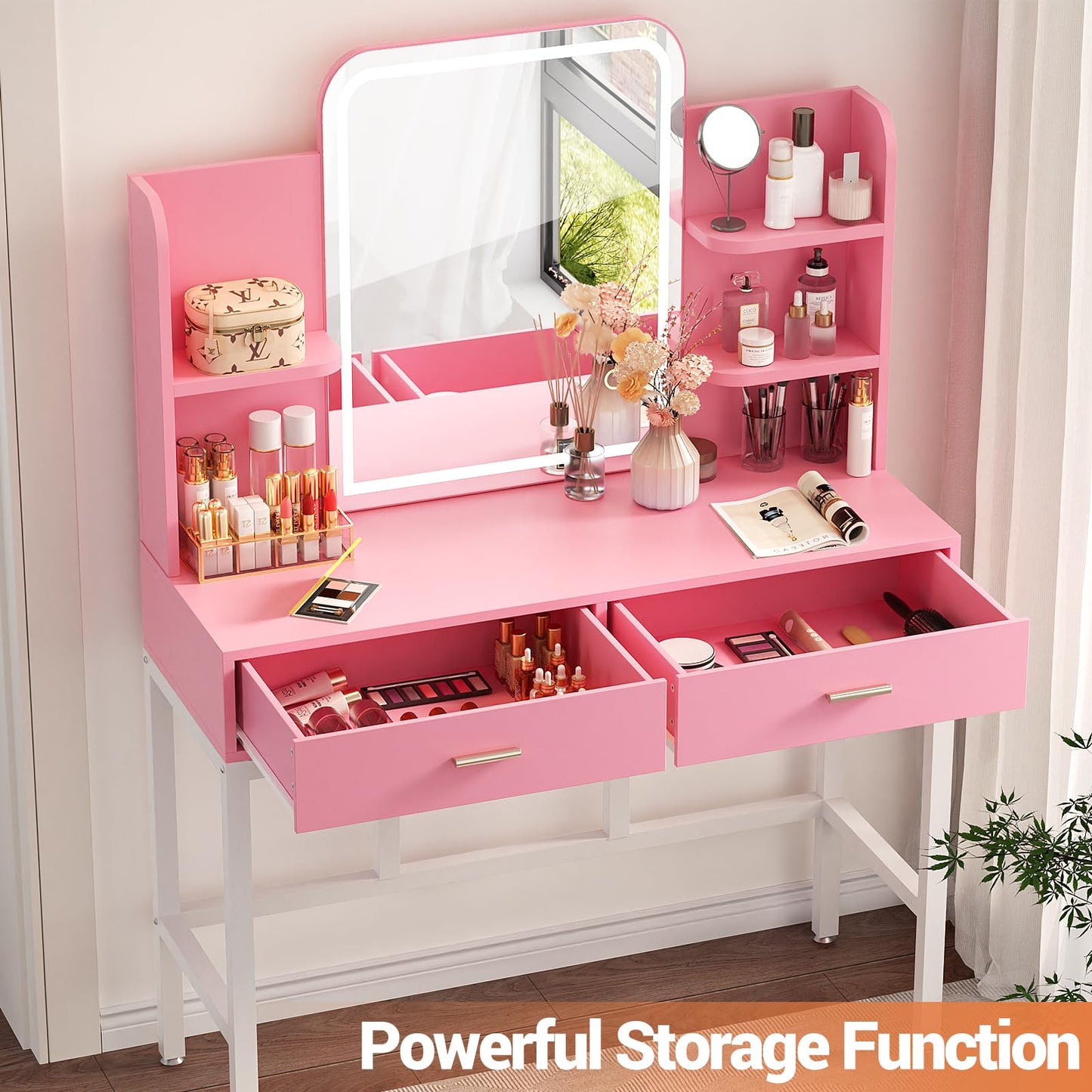 Vanity Desk, Makeup Vanity Desk with Mirrors, Vanity Set with 2 Storage Drawers and Open Shelves, 3 Colors LED Brightness Adjustable Dressing Table, Makeup Desk for Girl and Women, Pink