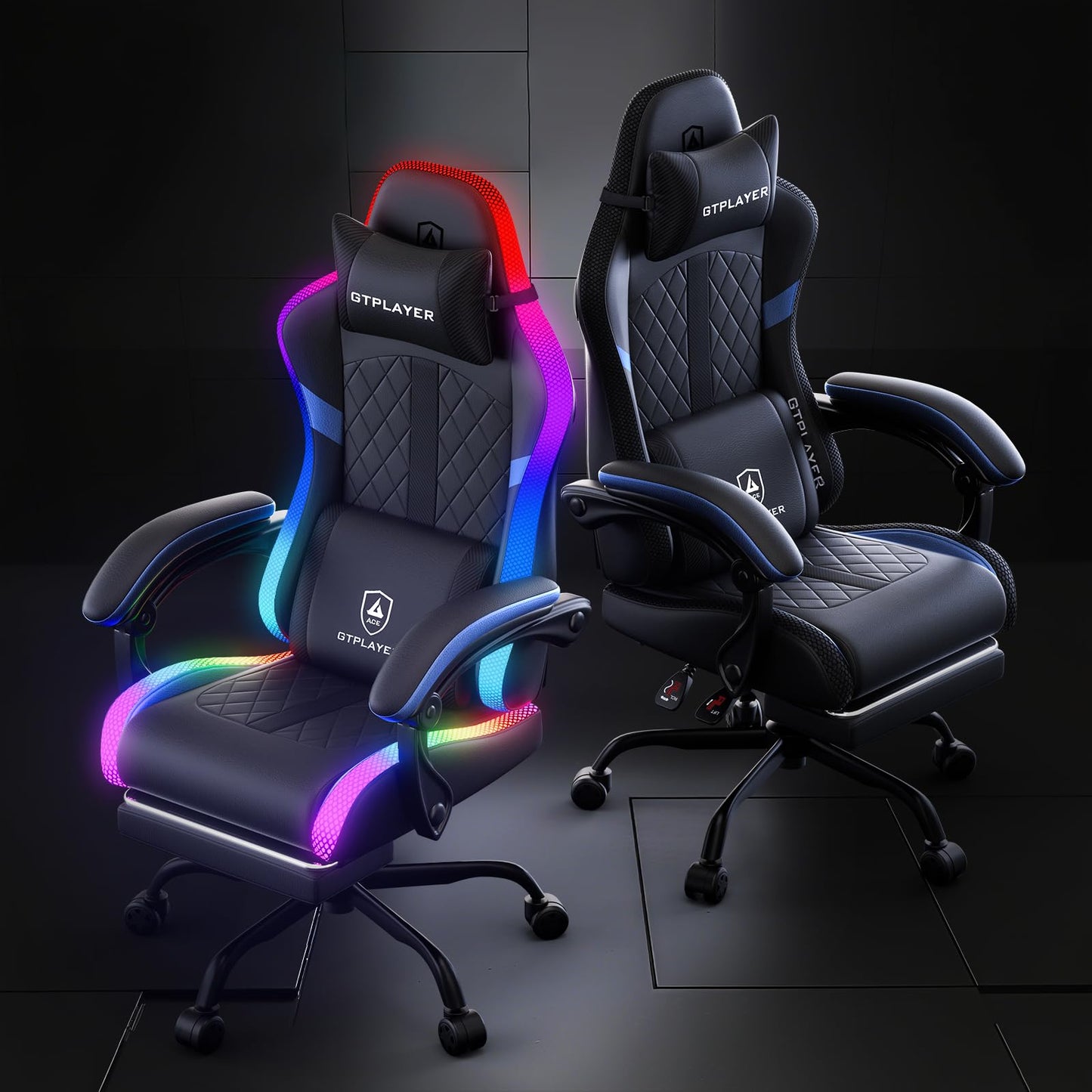 GTPLAYER Gaming Chair with Speakers, Computer Chair with RGB LED Lights, High Back Ergonomic Chair for Adults with Footrest, Reclining Office Chairs, Linkage Armrest, Black Blue