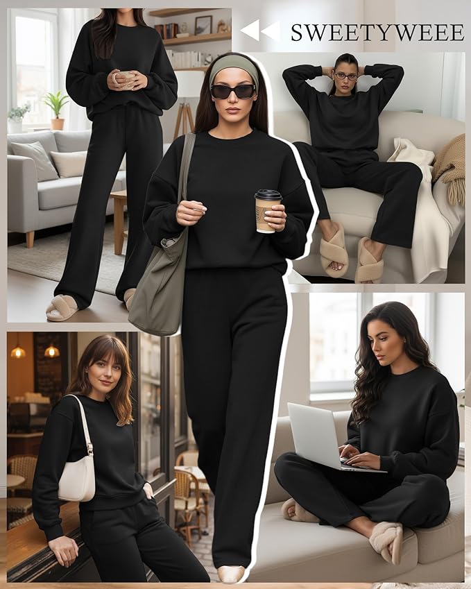 Sweetyweee Women's 2 Piece Outfits Set Fleece Lined Lounge Sweatsuit Crewneck Pullover Top Wide Leg Pants Casual Tracksuit