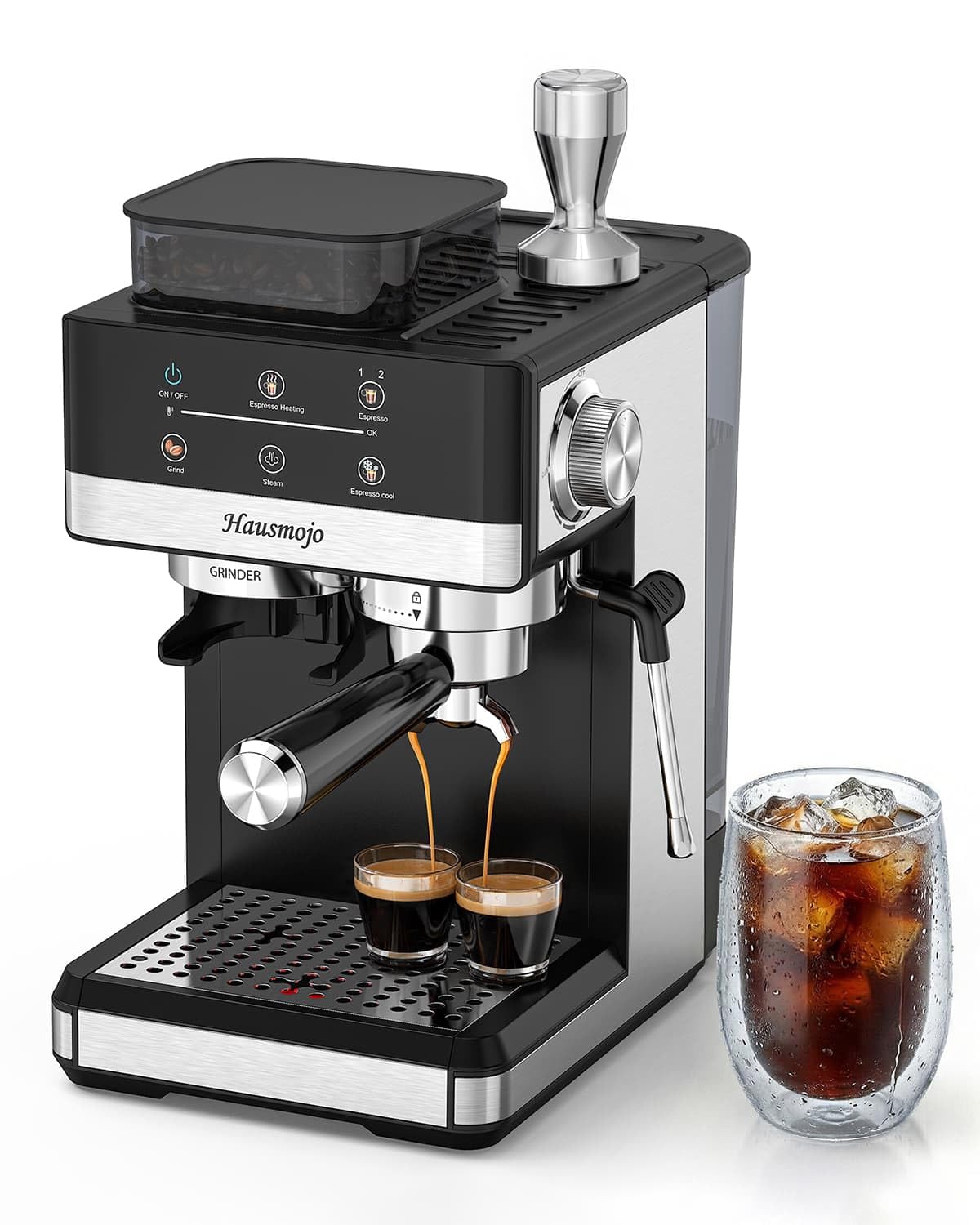 Hausmojo Espresso Machine with Grinder, 20Bar Expresso Coffee Machines with Milk Frother, Professional Compact Stainless Steel Coffee Maker for Espresso, Latte & Cappuccino, Perfect for Home Use