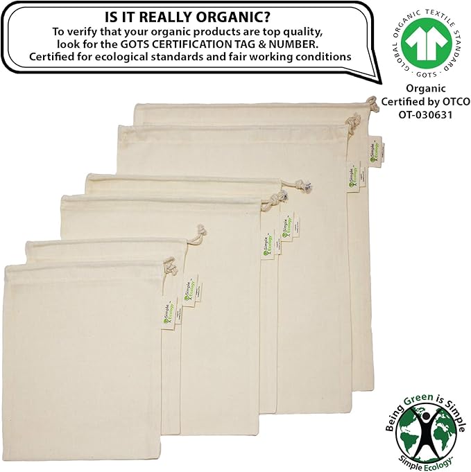 Simple Ecology Reusable Grocery Produce Shopping and Storage Bags, Organic Cotton Muslin, Set of 6 (2 ea. of L, M, S)